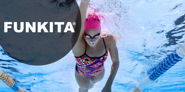 Funkita brand banner featuring swimmer in colorful geometric print swimsuit and pink cap underwater.