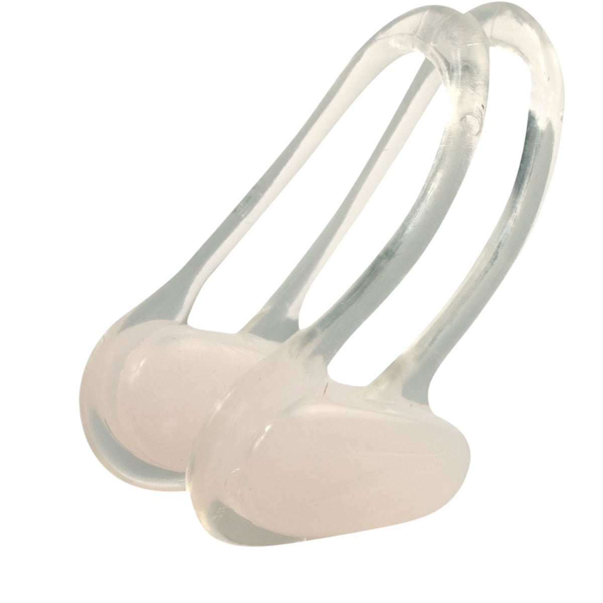 A clear, low-profile Speedo nose clip with a flexible, transparent frame and soft, clear silicone pads designed for a secure and comfortable fit during swimming.