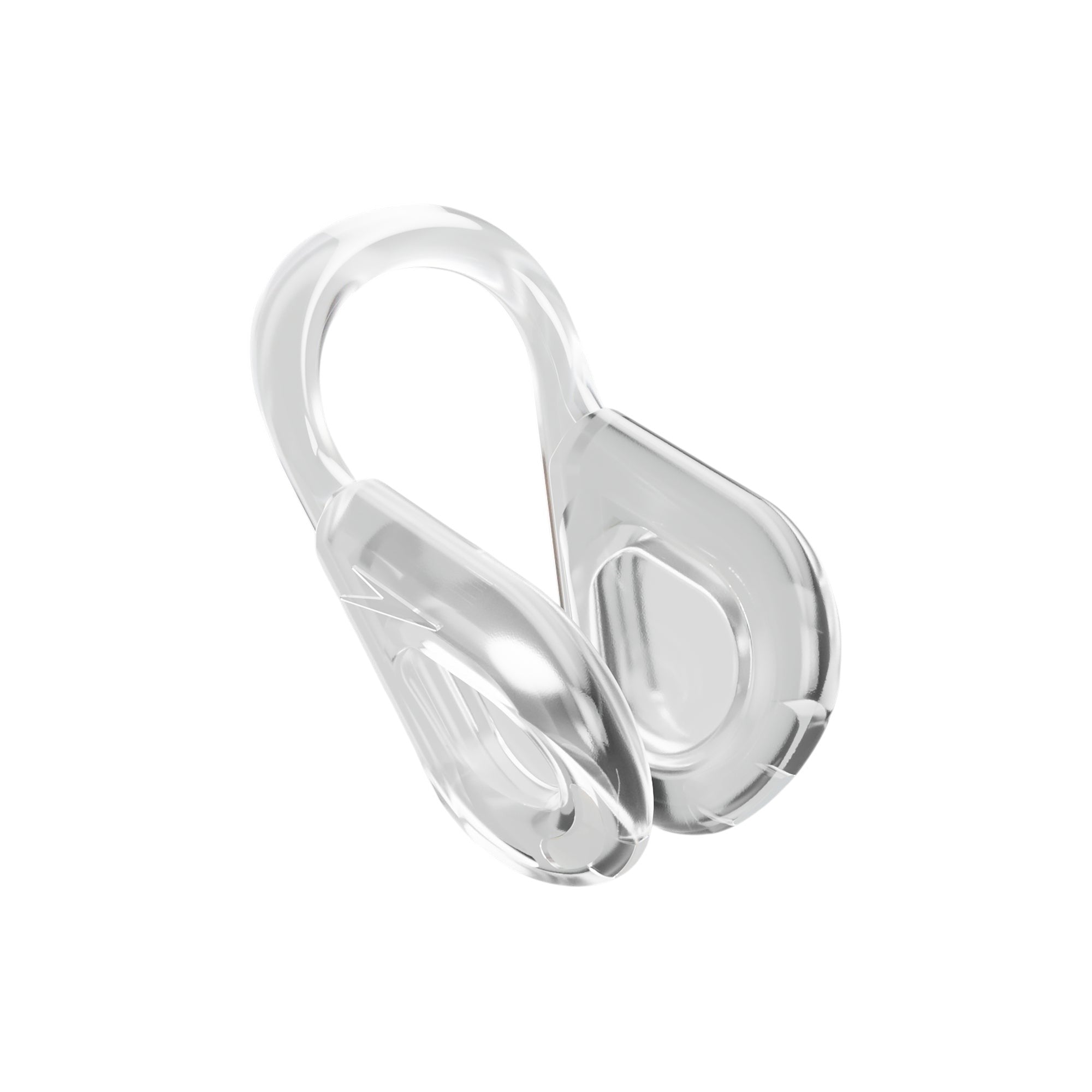 ront perspective of a blue Speedo Biofuse nose clip with a flexible clear frame and soft silicone pads for swimming.