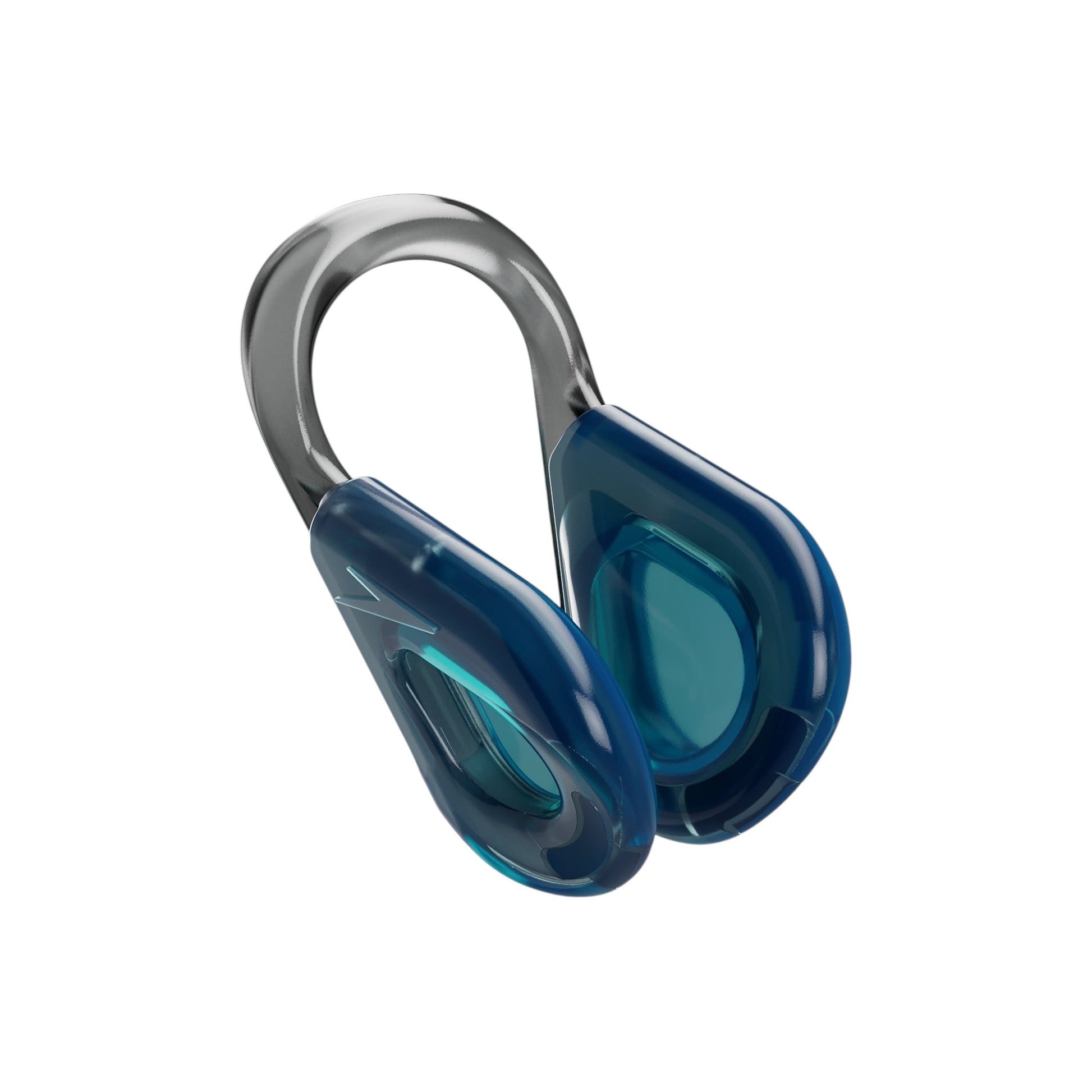 Front perspective of a blue Speedo Biofuse nose clip with a flexible grey frame and soft silicone pads for swimming