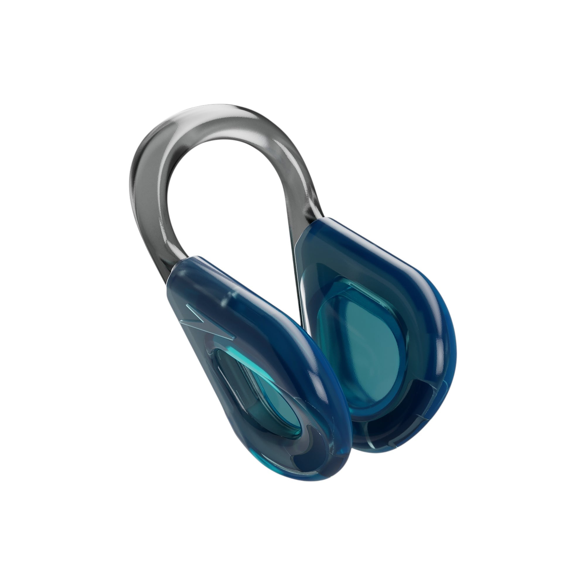 Front perspective of a blue Speedo Biofuse nose clip with a flexible grey frame and soft silicone pads for swimming