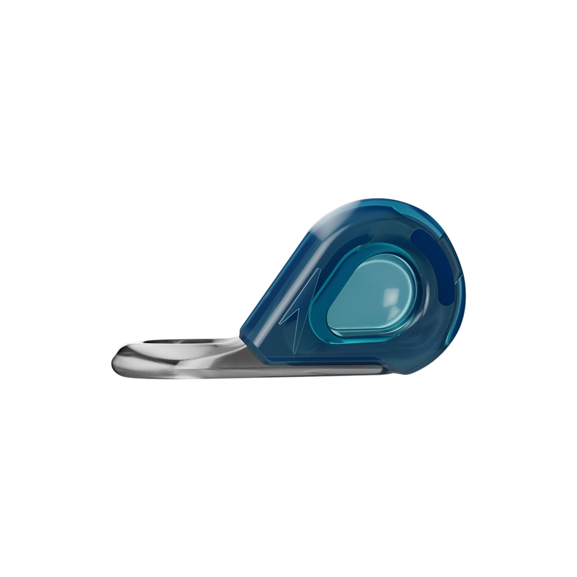 Side profile of the Speedo Biofuse nose clip showing the sleek, ergonomic shape and blue translucent padding.