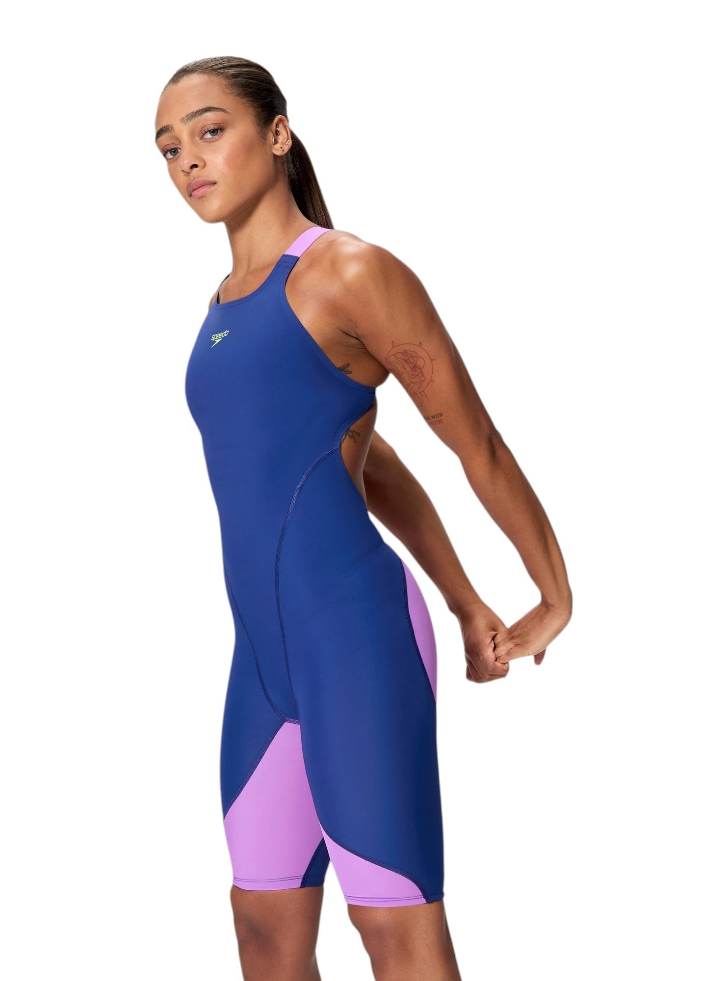 Speedo LZR Pro 2.0 Kneeskin Open Back: Side view. Navy suit with lavender accents on straps and legs.