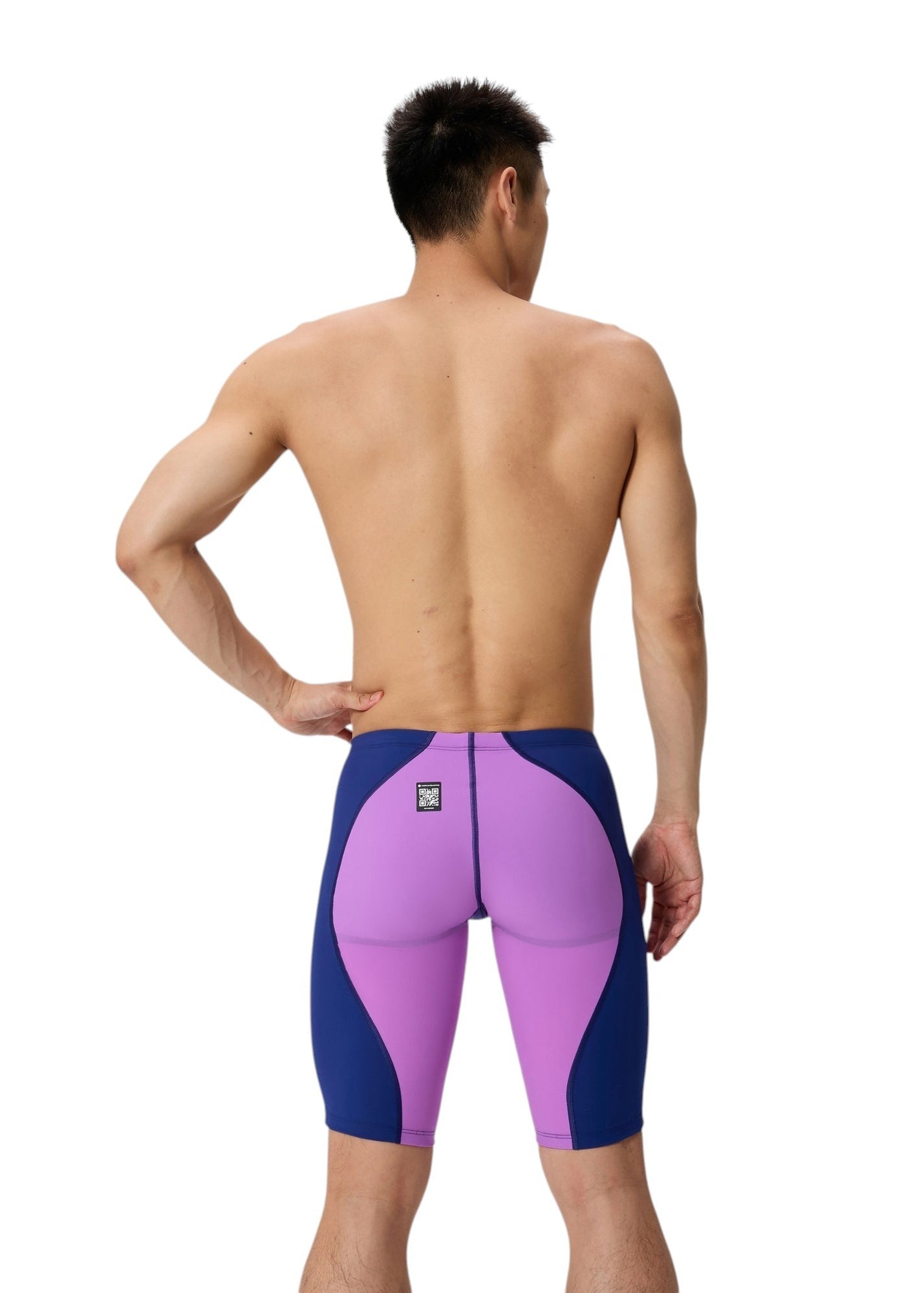 Full back view of theSpeedo panels and theMen's Jammer LZR Racer Pro 2.0 - Navy / Purple on a model, showcasing the symmetrical V-shaped purple panels and side navy pannles World Aquatics approved QR code.the Speedo