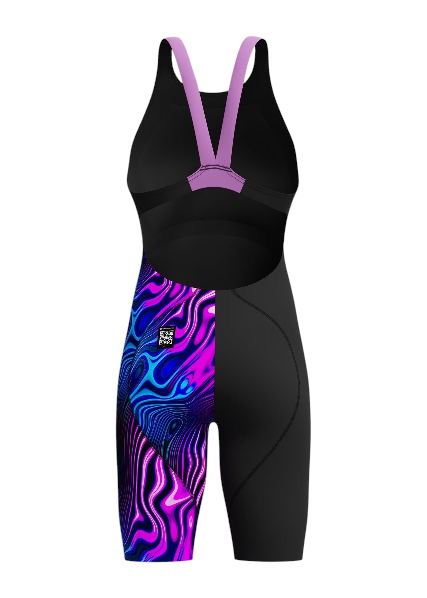Back view of the Speedo LZR Pro 2.0: Back view. Open-back design with lavender V-straps and asymmetric purple/blue pattern on the left leg. World Aquatics-approved QR logo on back.