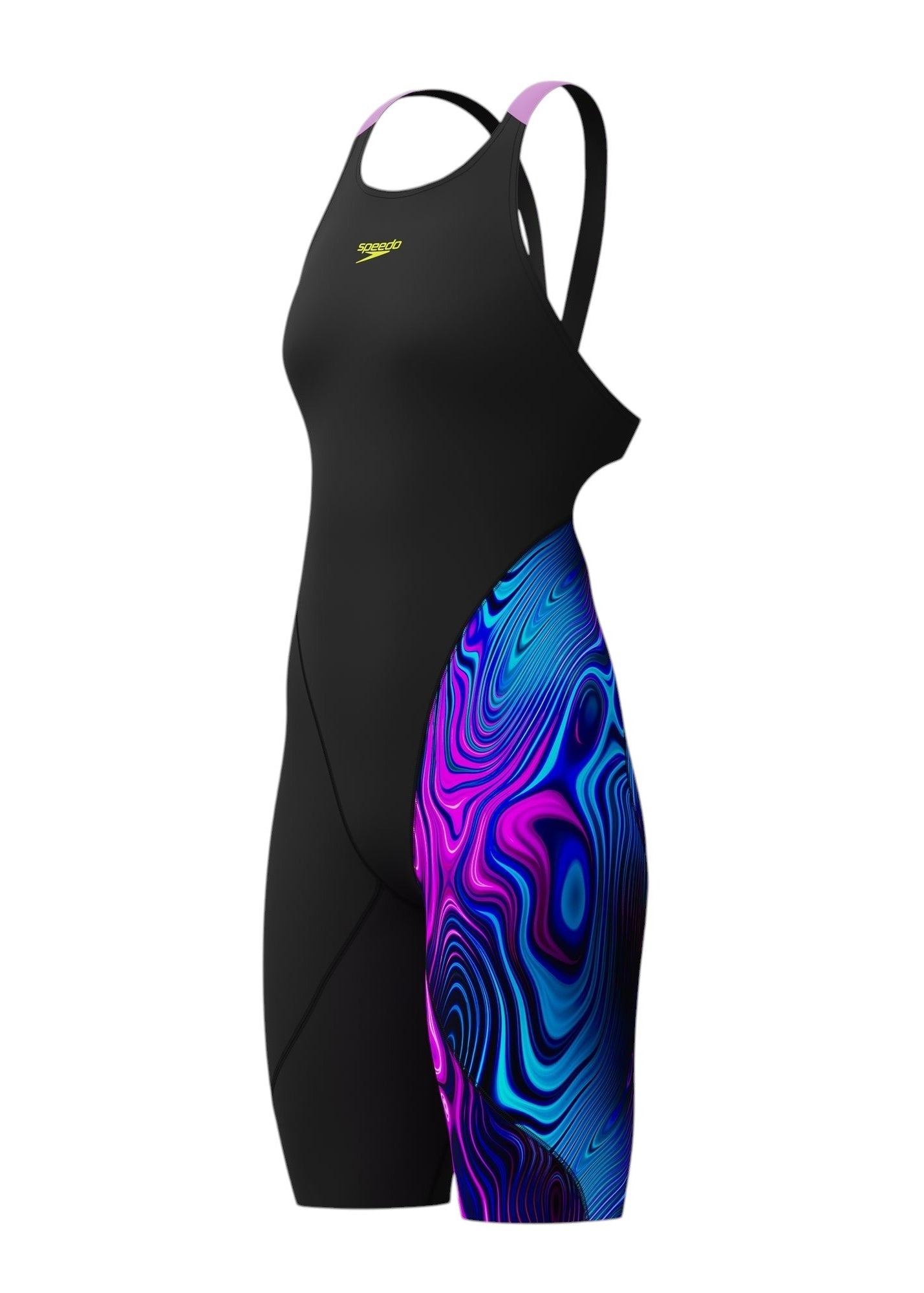 Three-quarter profile view of the Speedo LZR Pro 2.0: Profile view. Features a black body, lime chest logo, lavender straps, and a vibrant purple/blue swirling side pattern.