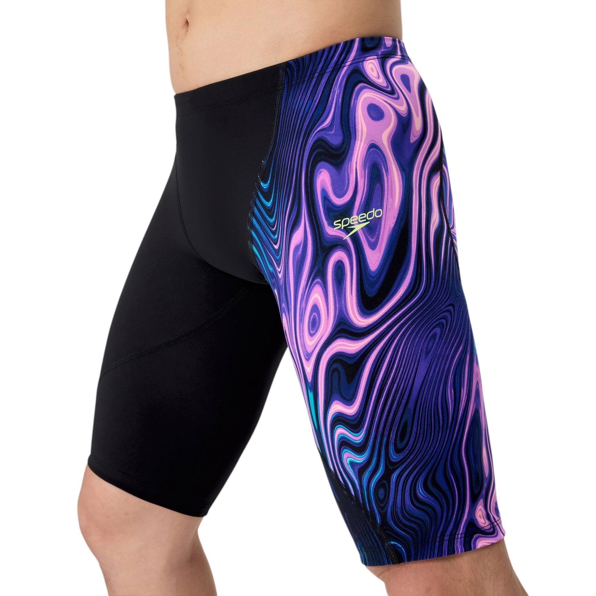 Speedo Men's LZR Pro 2.0 Jammer: Close-up Side view on model. Black base with a vibrant purple and blue psychedelic pattern on the side of the left leg.