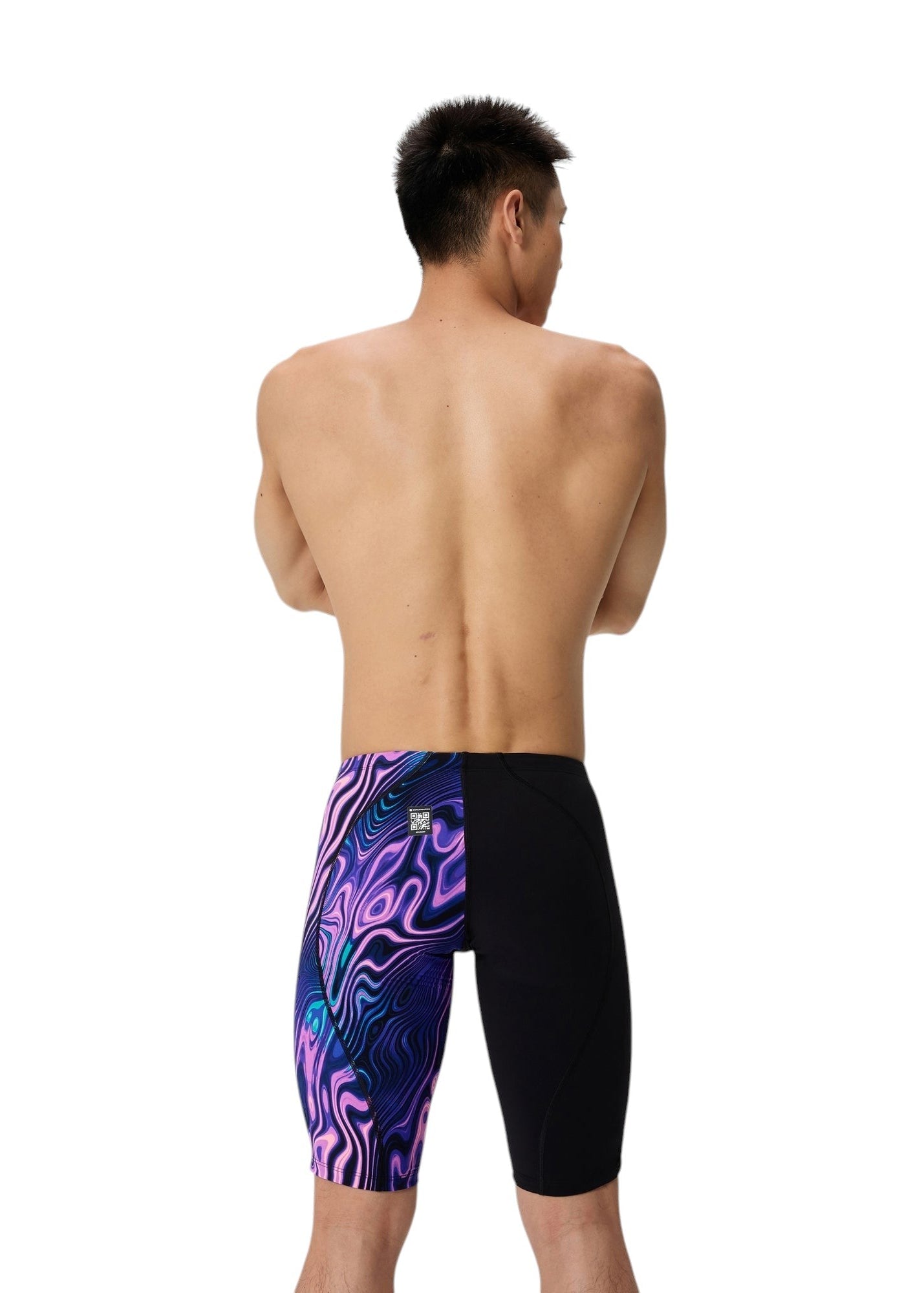 Speedo Men's LZR Pro 2.0 Jammer: Back view on model. Features a solid black right leg and a vibrant purple/blue swirling pattern on the left leg. Includes World Aquatics QR logo.