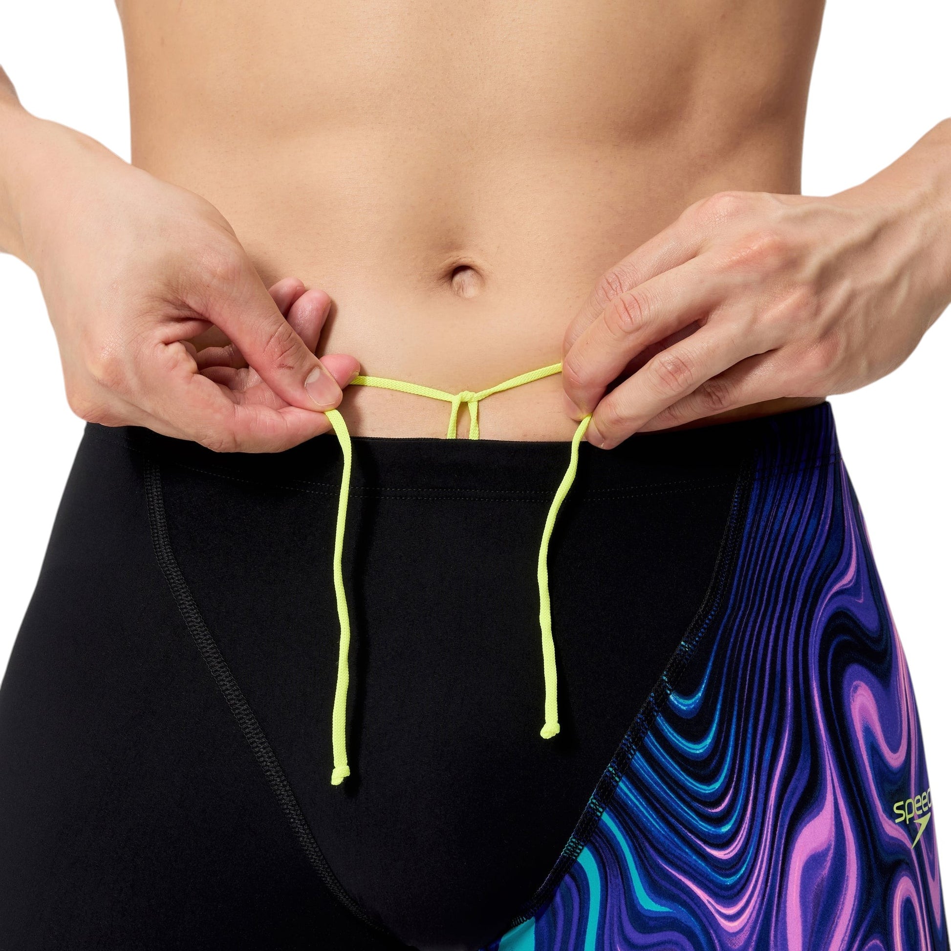 Speedo Men's LZR Pro 2.0 Jammer: Close-up of adjustable waist. Features lime green drawstrings against a black and psychedelic print.