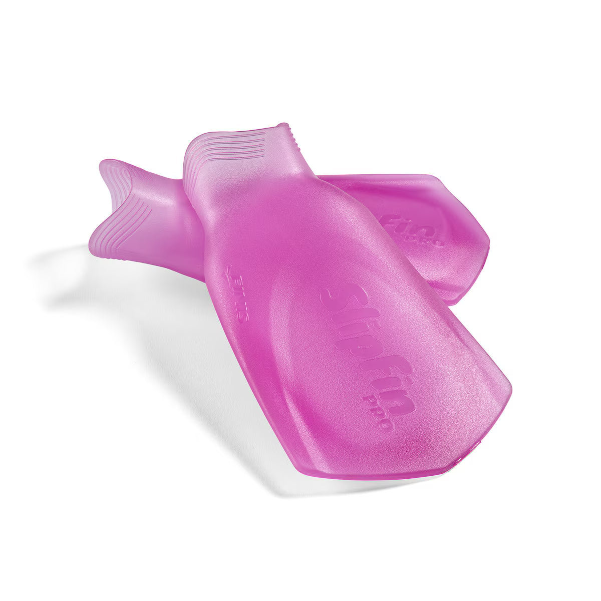 Pair of translucent deep pink FINIS SlipFin Pro swim fins stacked at an angle on a white background.