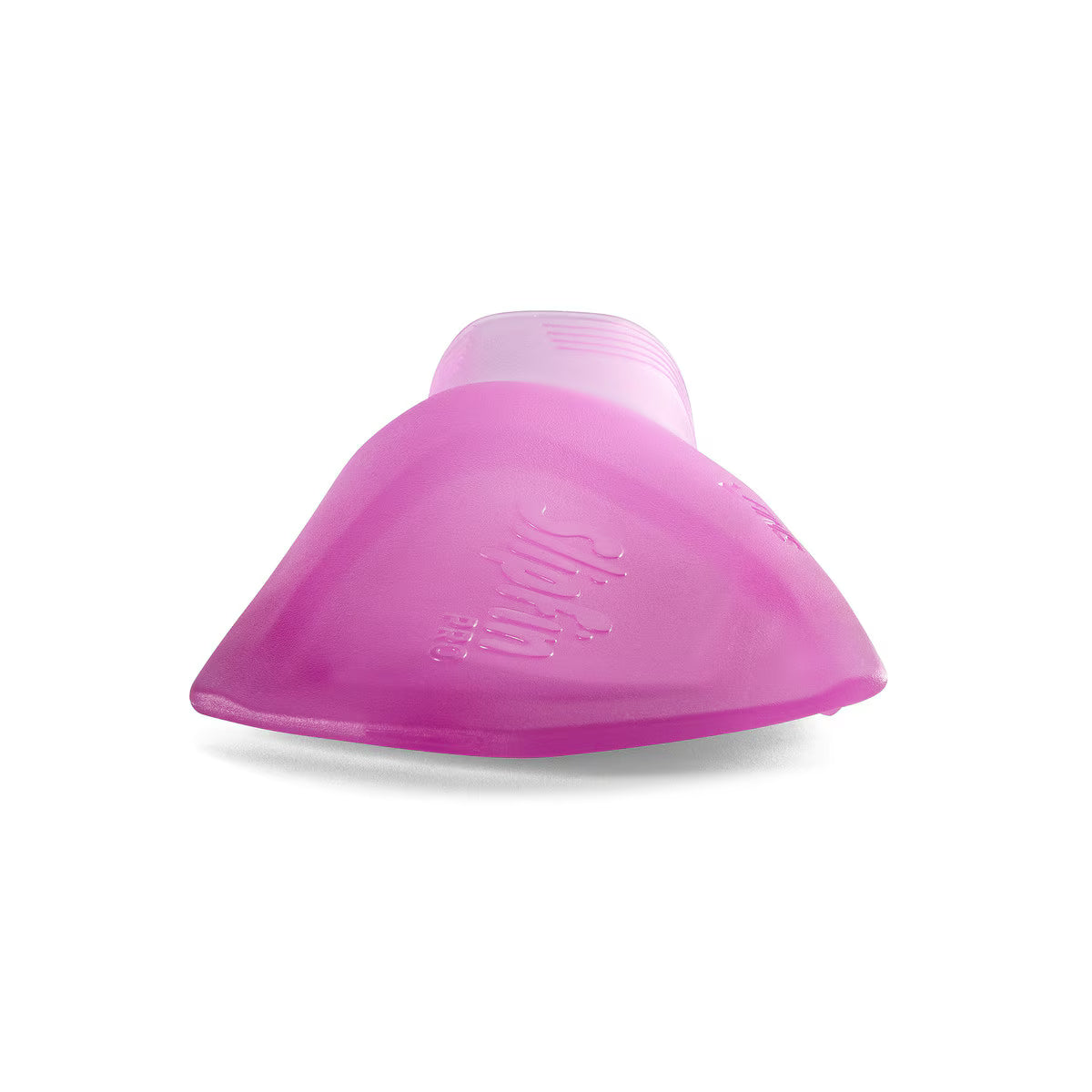 Front angle view looking down the blade of a translucent, deep pink FINIS SlipFin Pro swim fin.