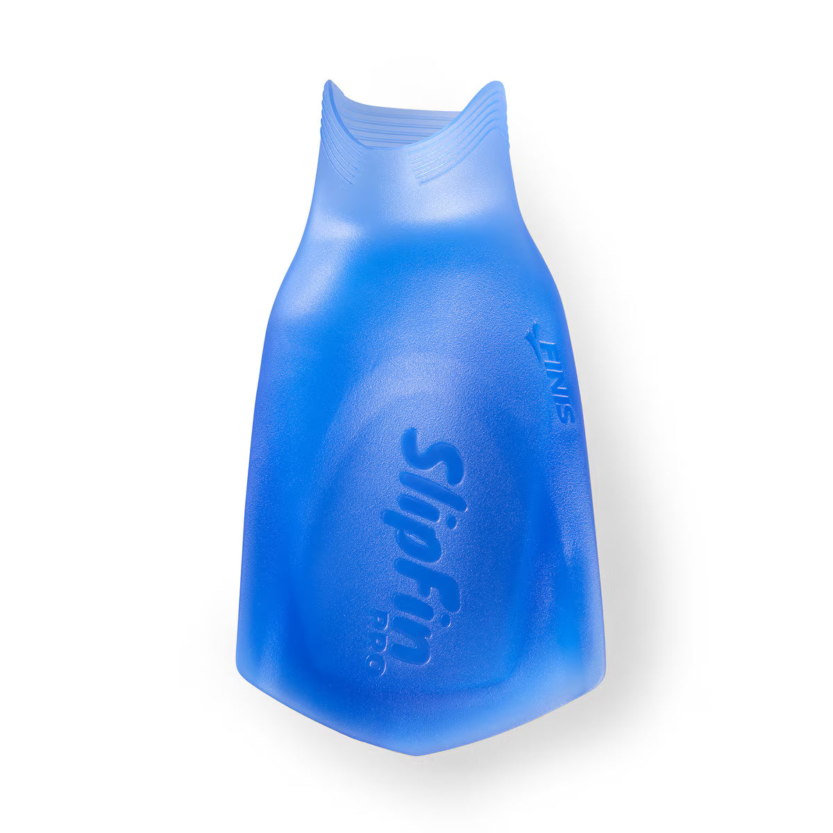 Top view of a single translucent marine blue FINIS SlipFin Pro swim fin on a white background.