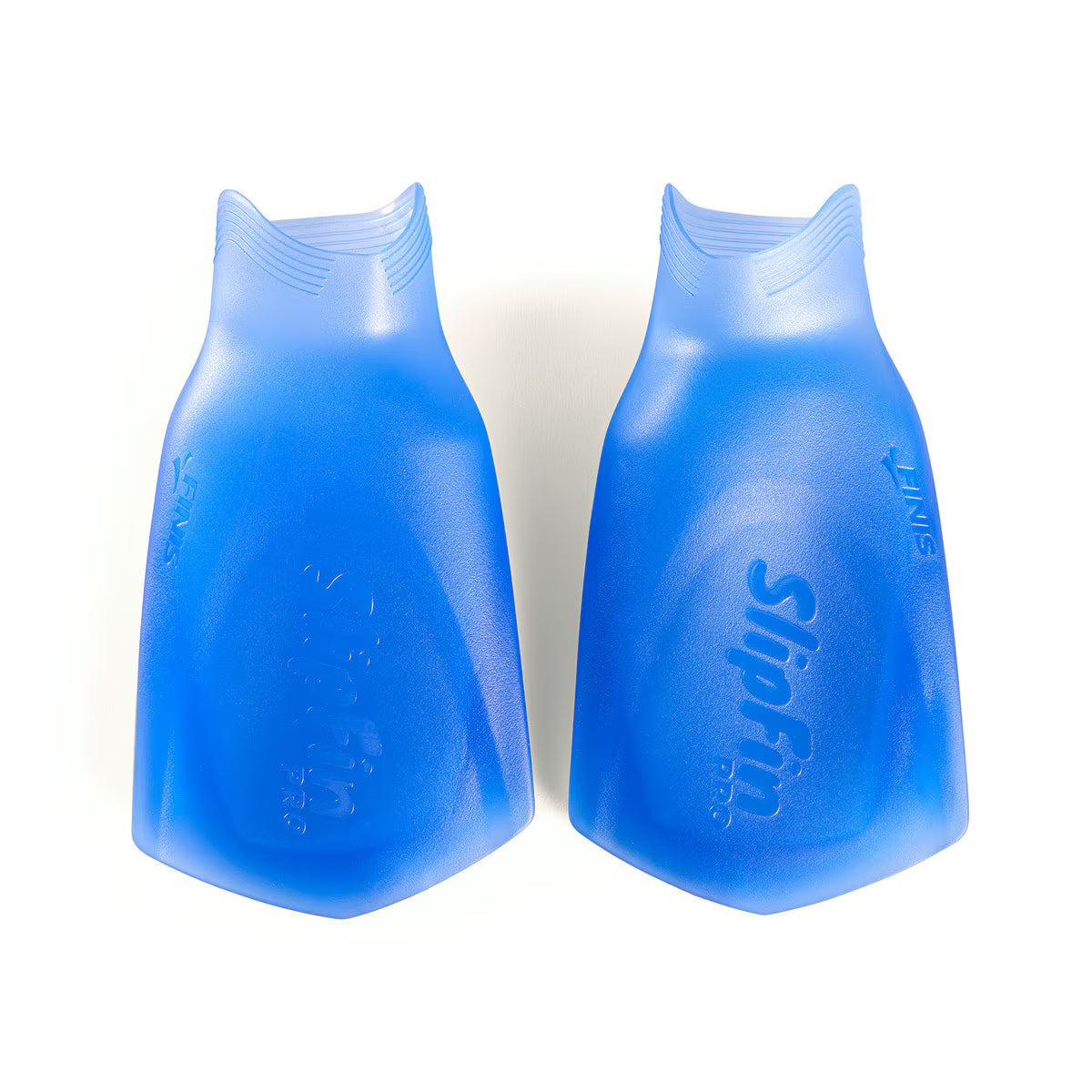 Two translucent marine blue FINIS SlipFin Pro swim fins placed side-by-side on a white background.