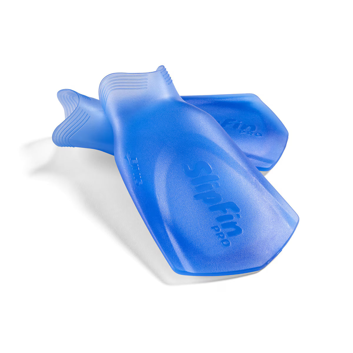 Pair of translucent marine blue FINIS SlipFin Pro swim fins stacked at an angle on a white background.