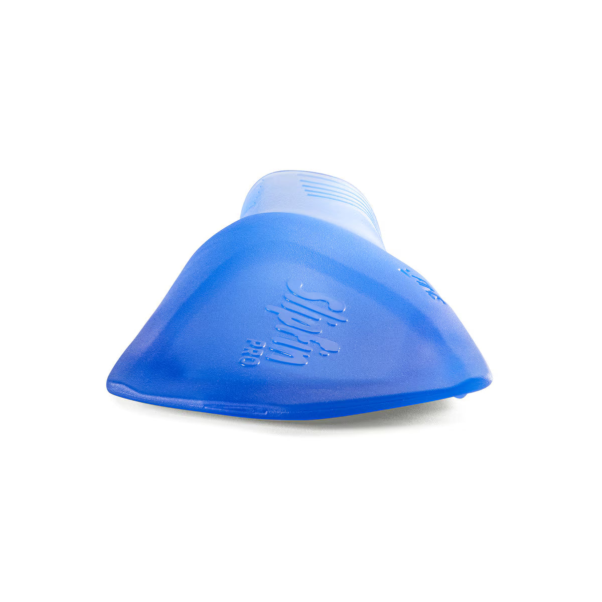 Front angle view looking down the blade of a translucent blue FINIS SlipFin Pro swim fin.
