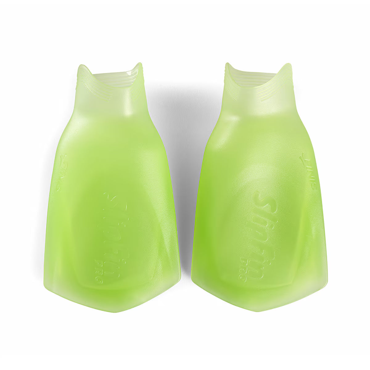 Two translucent volt green FINIS SlipFin Pro swim fins placed side-by-side on a white background.