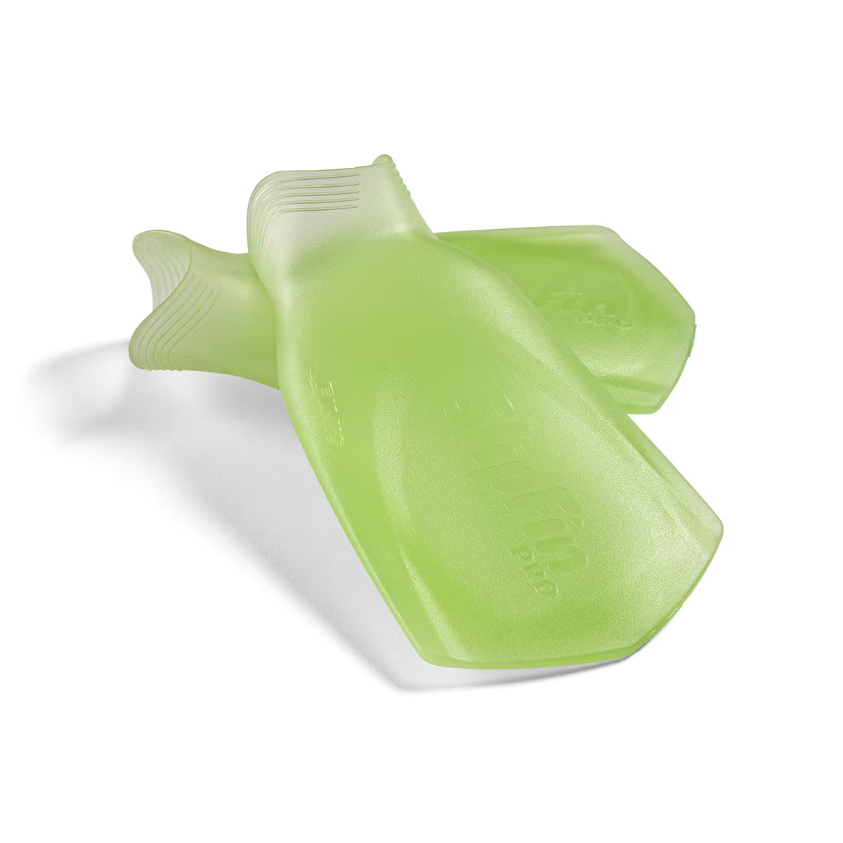 Pair of translucent volt green FINIS SlipFin Pro swim fins stacked at an angle on a white background.