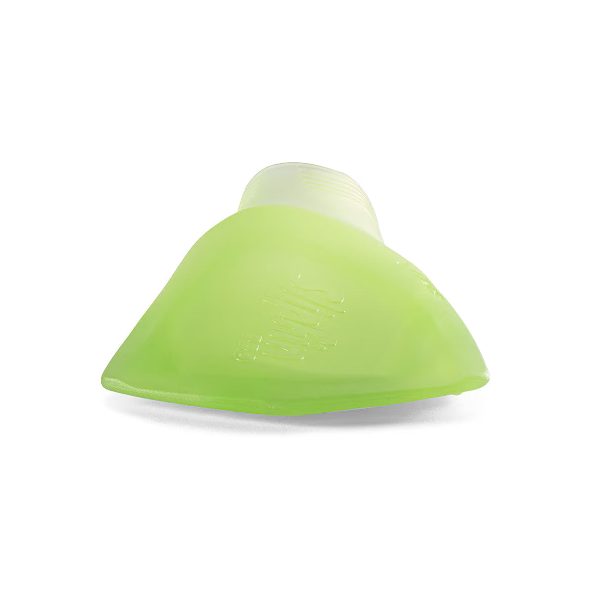 Front angle view looking down the blade of a translucent volt green FINIS SlipFin Pro swim fin.