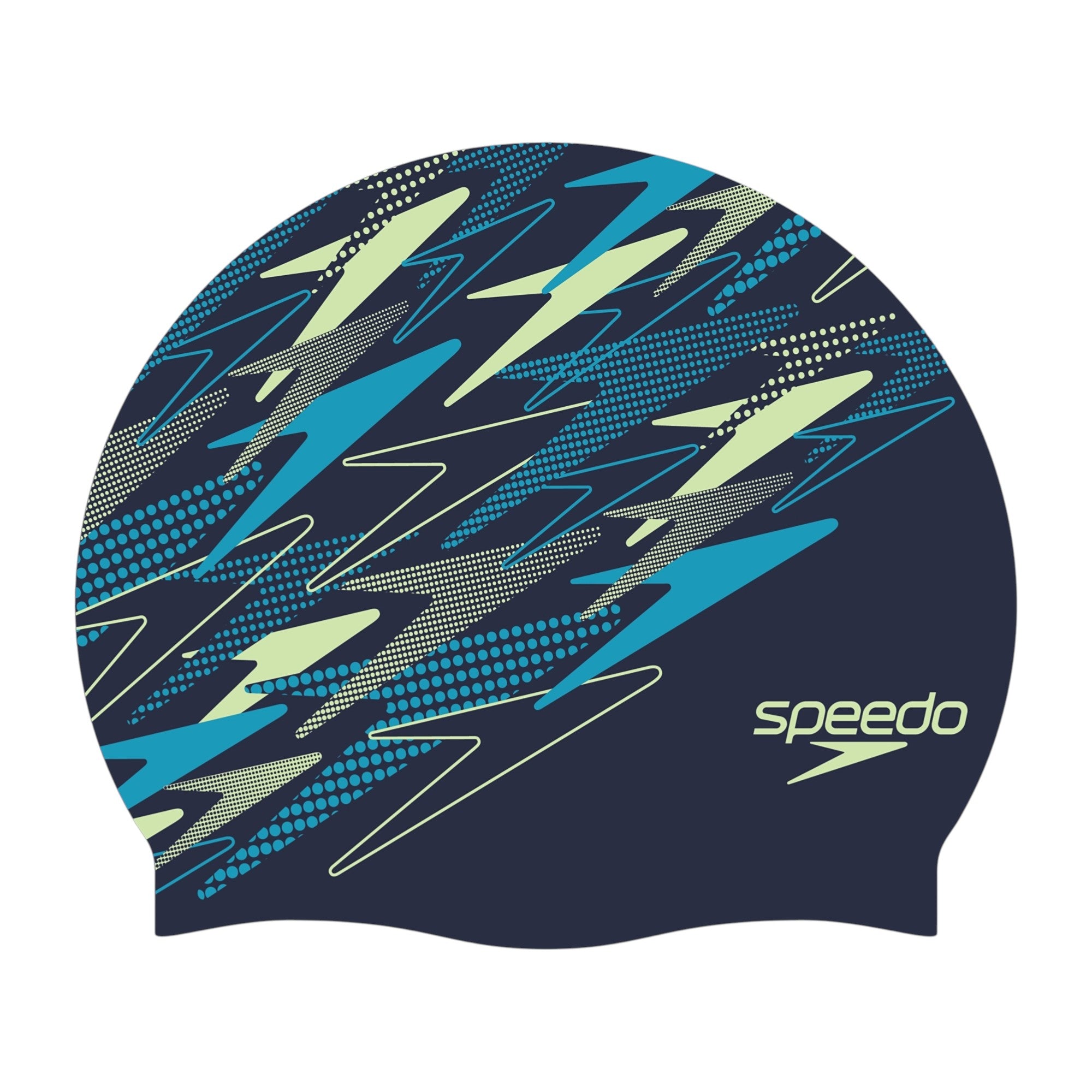 Speedo Caps Silicone Printed Unisex. New Colection 2026. Pattern is geometric and angular, featuring an abstract camouflage style design composed of sharp shapes that resemble overlapping Speedo logo