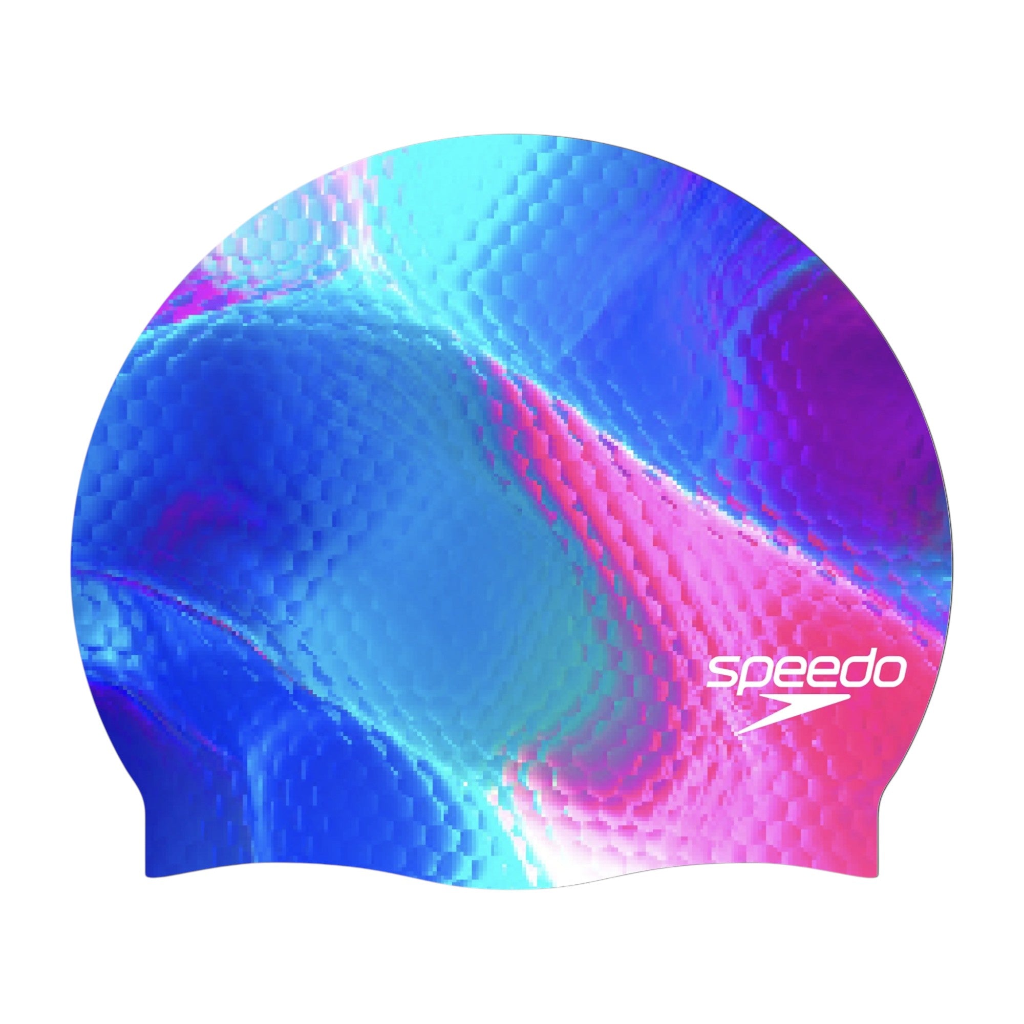 Speedo Caps Silicone Printed Unisex. Pattern: psychedelic liquid swirl, featuring a pixelated or mosaic texture overlaid on the colors. Colors: A vibrant blend of bright blue, deep blue, magenta, pink, and white highlights.