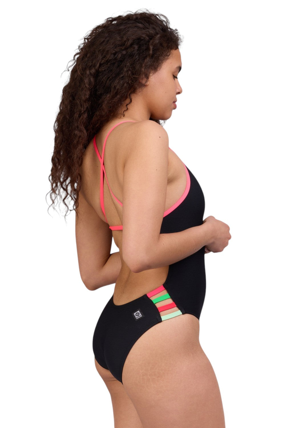 Jolyn women's one-piece training swimsuit Julian - Black contrast. colors: main body Blueberry, side straps Hot Pink, Key Lime, Strawberry & Mint - right side view. Collection March 2026
